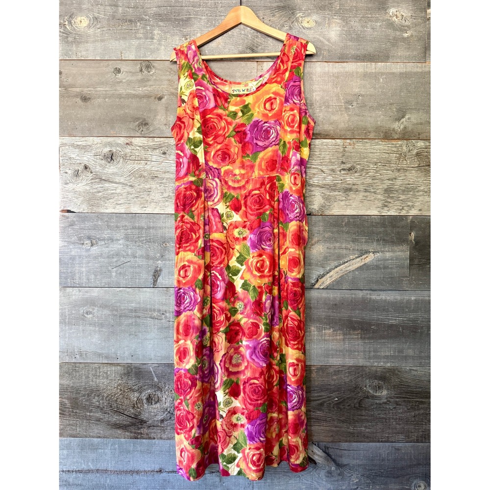 Jams World Vintage Floral Rose Sleeveless Midi Dress M Red Orange Hawaiian